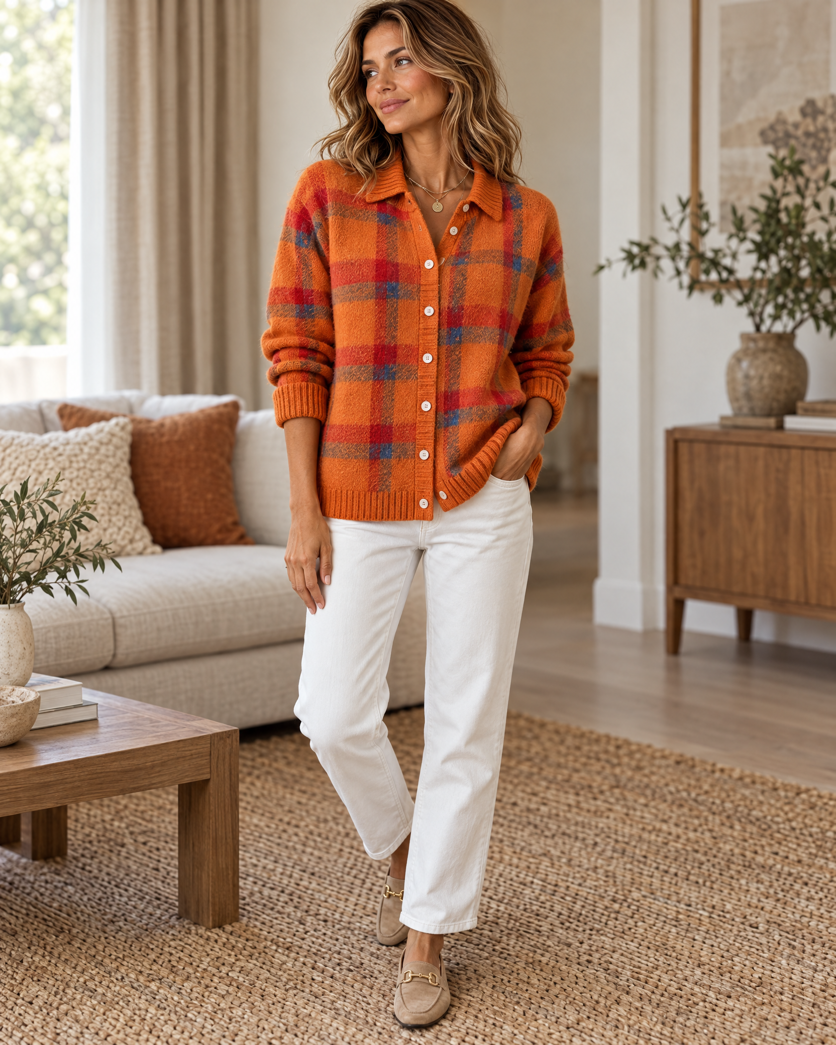 Plaid Polyester Knit Shirt Collar Cardigan