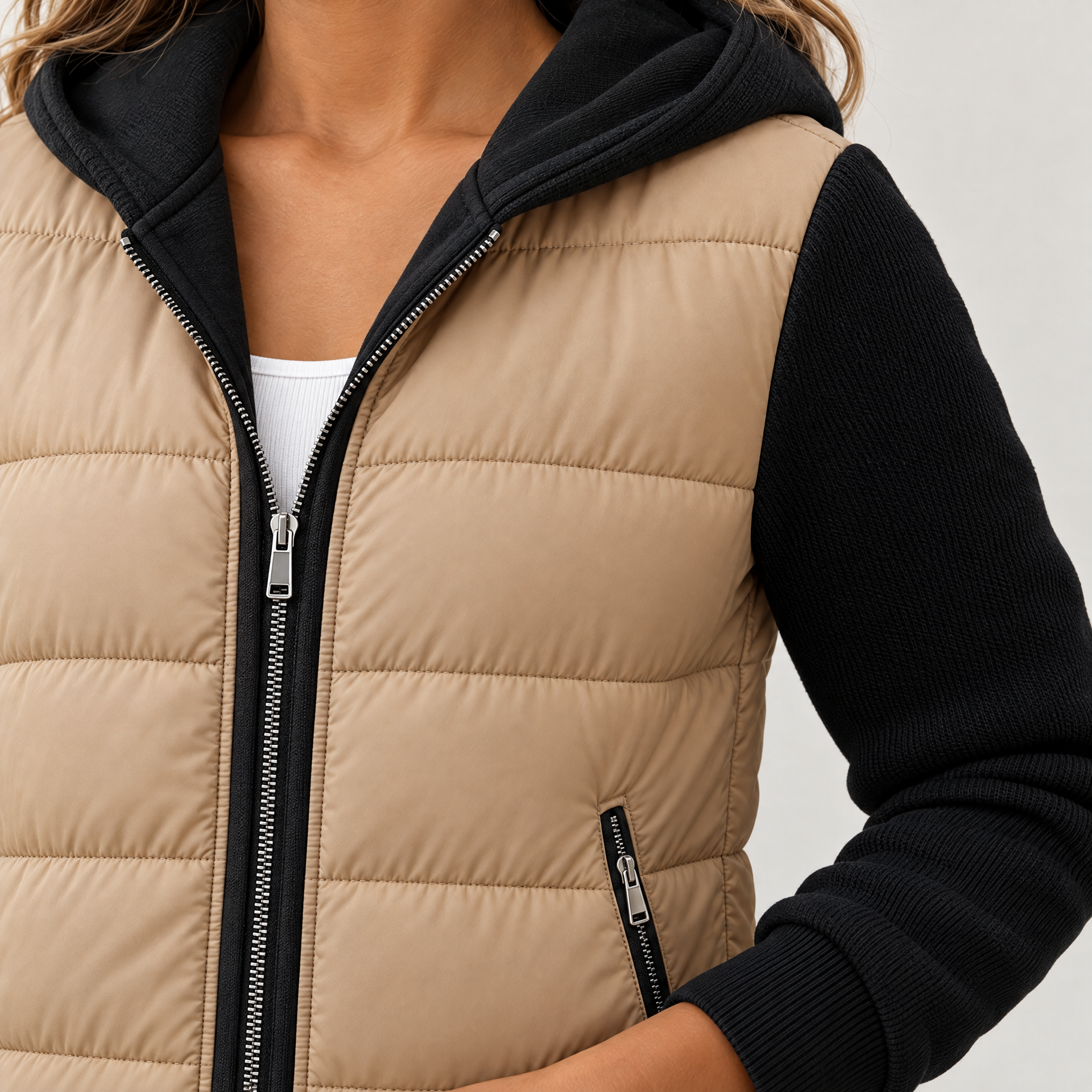Straight Cut Quilted Puffer Jacket with Ribbed Knit Sleeves and Hood