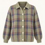 Plaid Polyester Knit Shirt Collar Cardigan