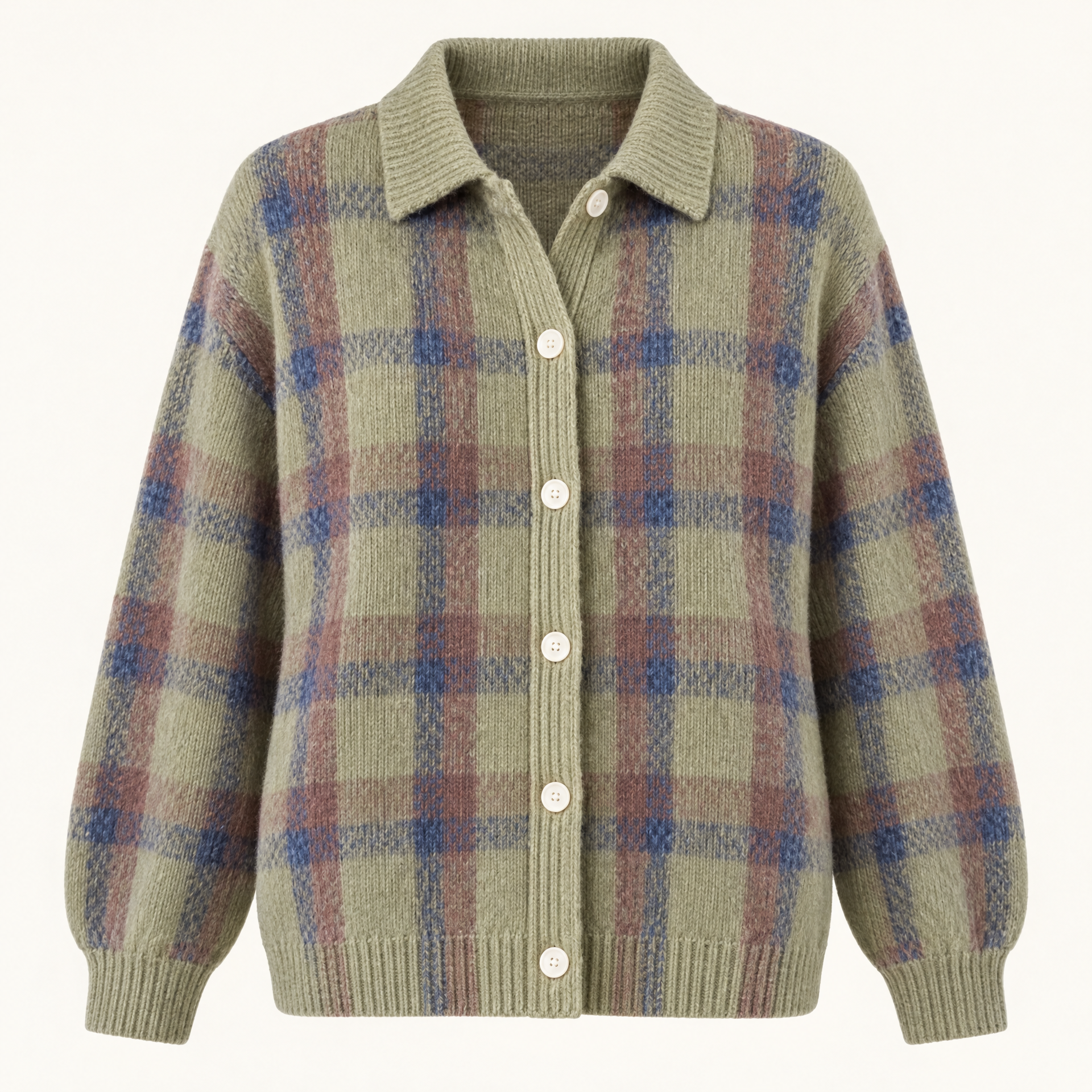 Plaid Polyester Knit Shirt Collar Cardigan