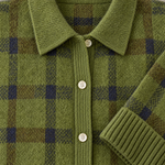 Plaid Polyester Knit Shirt Collar Cardigan