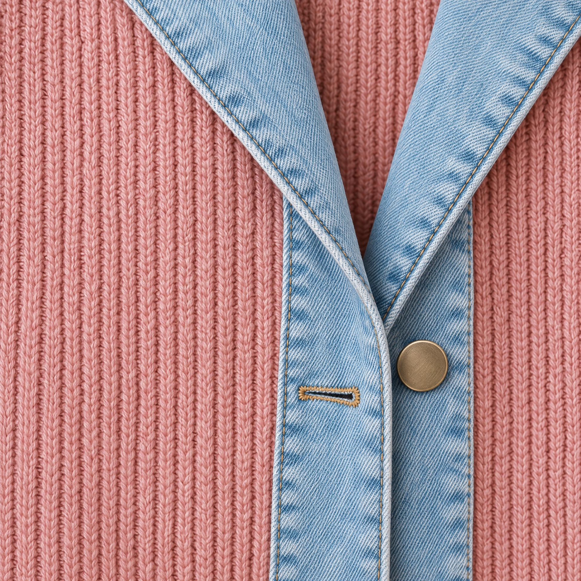 Ribbed Knit Longline Coat with Denim Panels