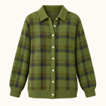 Plaid Polyester Knit Shirt Collar Cardigan