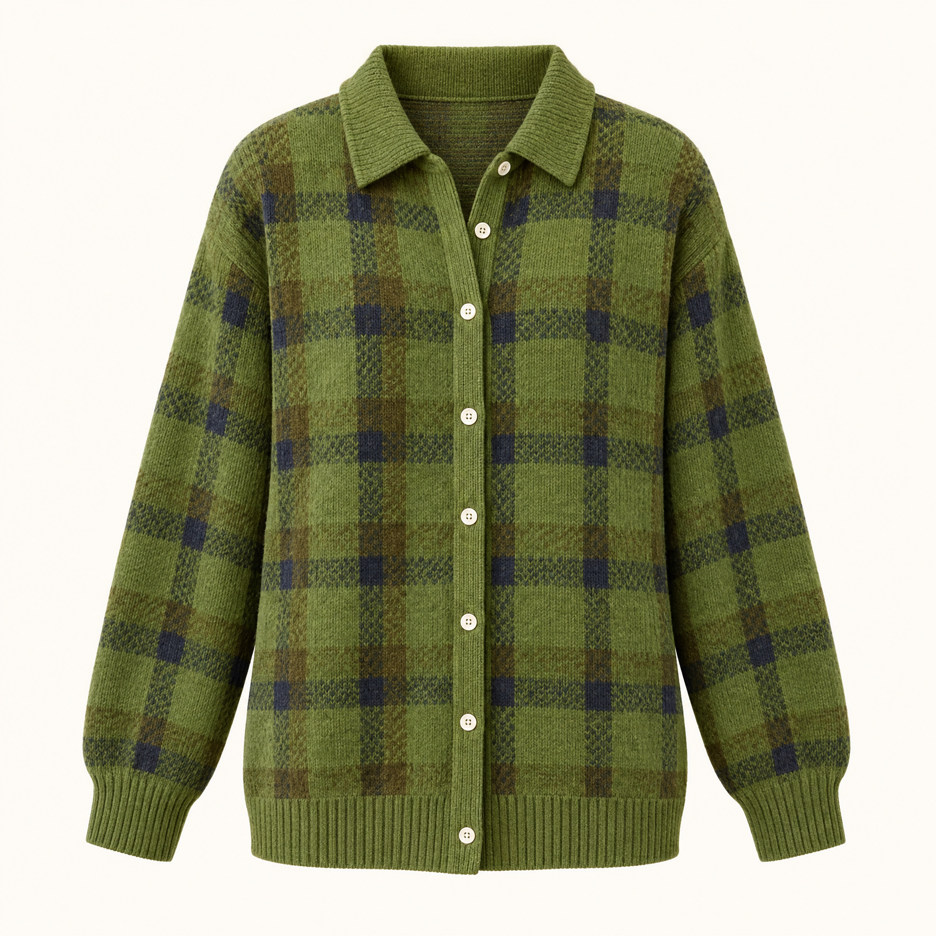 Plaid Polyester Knit Shirt Collar Cardigan