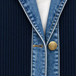 Ribbed Knit Longline Coat with Denim Panels