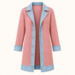 Ribbed Knit Longline Coat with Denim Panels