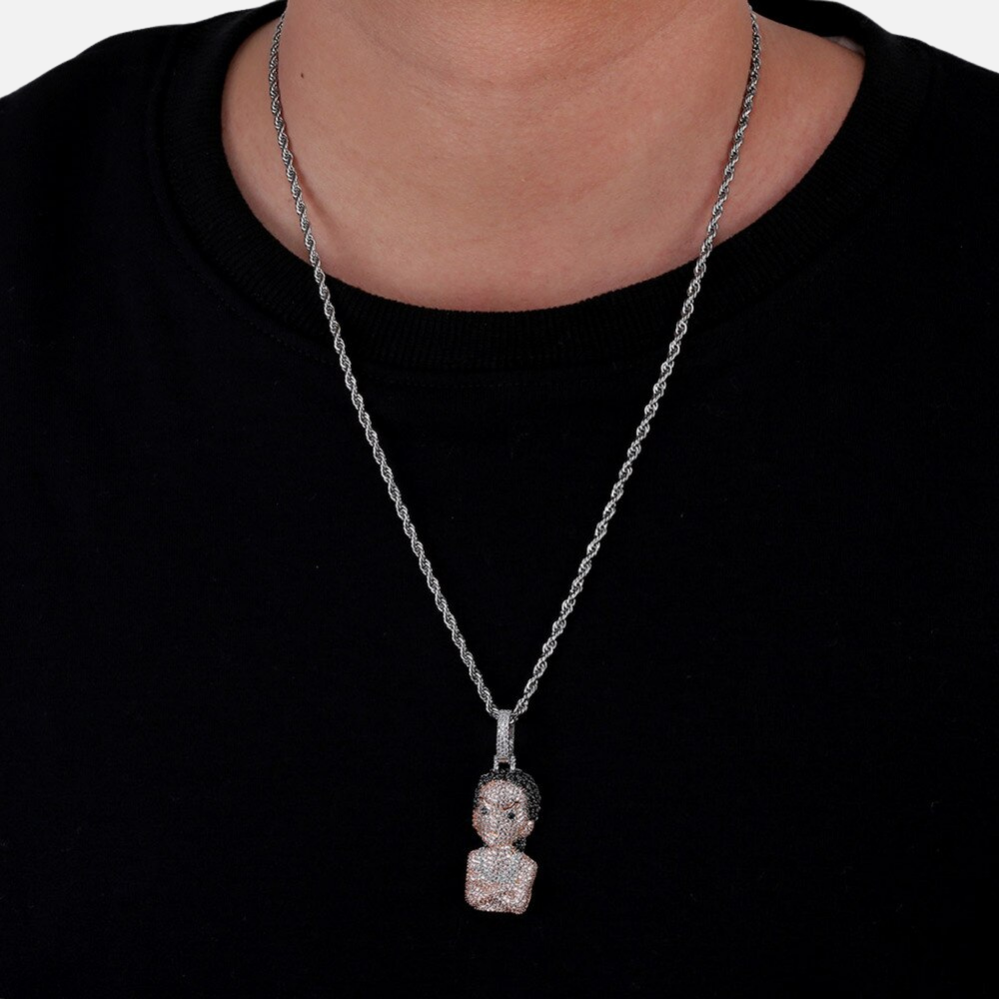Riley iced pendant necklace worn with the included 24-inch stainless steel twist chain