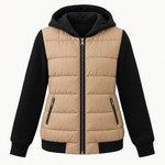 Straight Cut Quilted Puffer Jacket with Ribbed Knit Sleeves and Hood