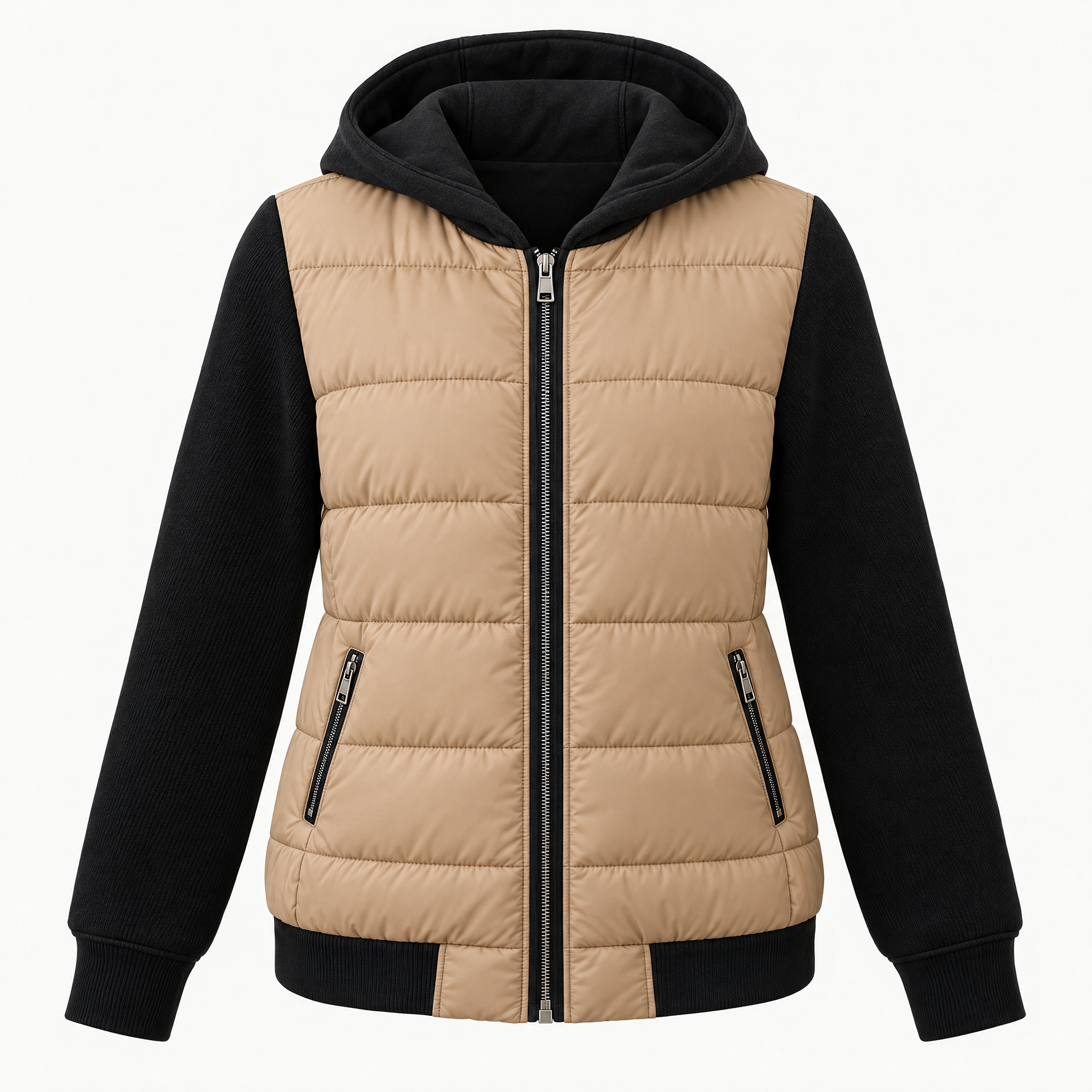 Straight Cut Quilted Puffer Jacket with Ribbed Knit Sleeves and Hood