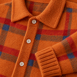 Plaid Polyester Knit Shirt Collar Cardigan
