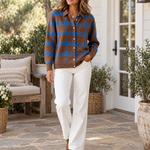 Plaid Polyester Knit Shirt Collar Cardigan