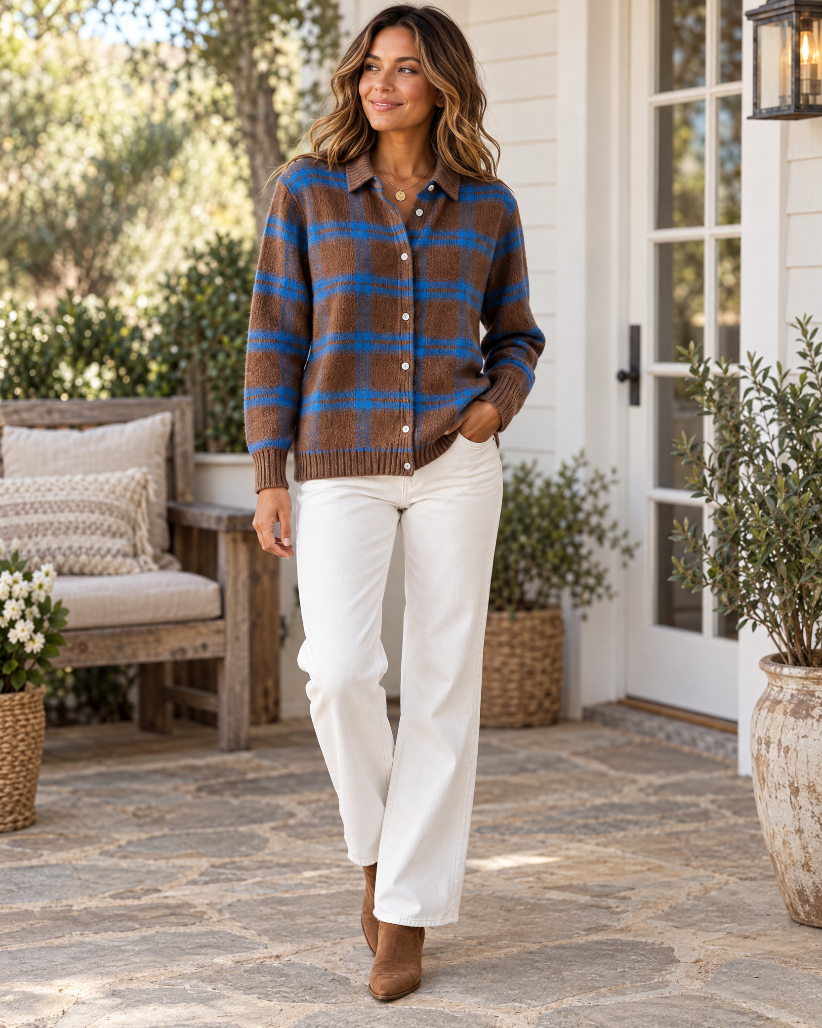 Plaid Polyester Knit Shirt Collar Cardigan