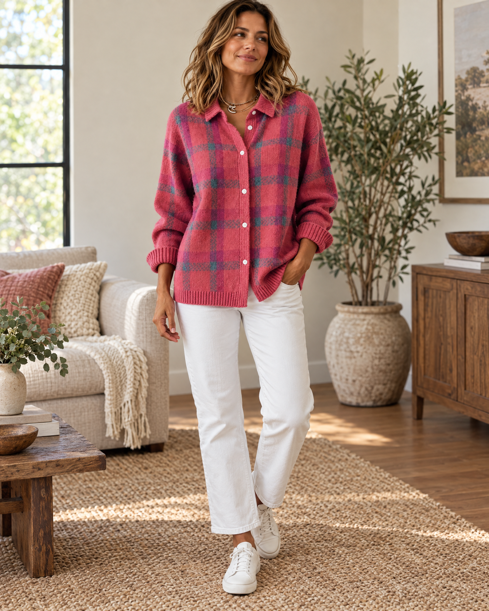 Plaid Polyester Knit Shirt Collar Cardigan