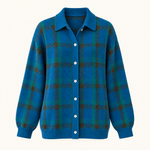 Plaid Polyester Knit Shirt Collar Cardigan