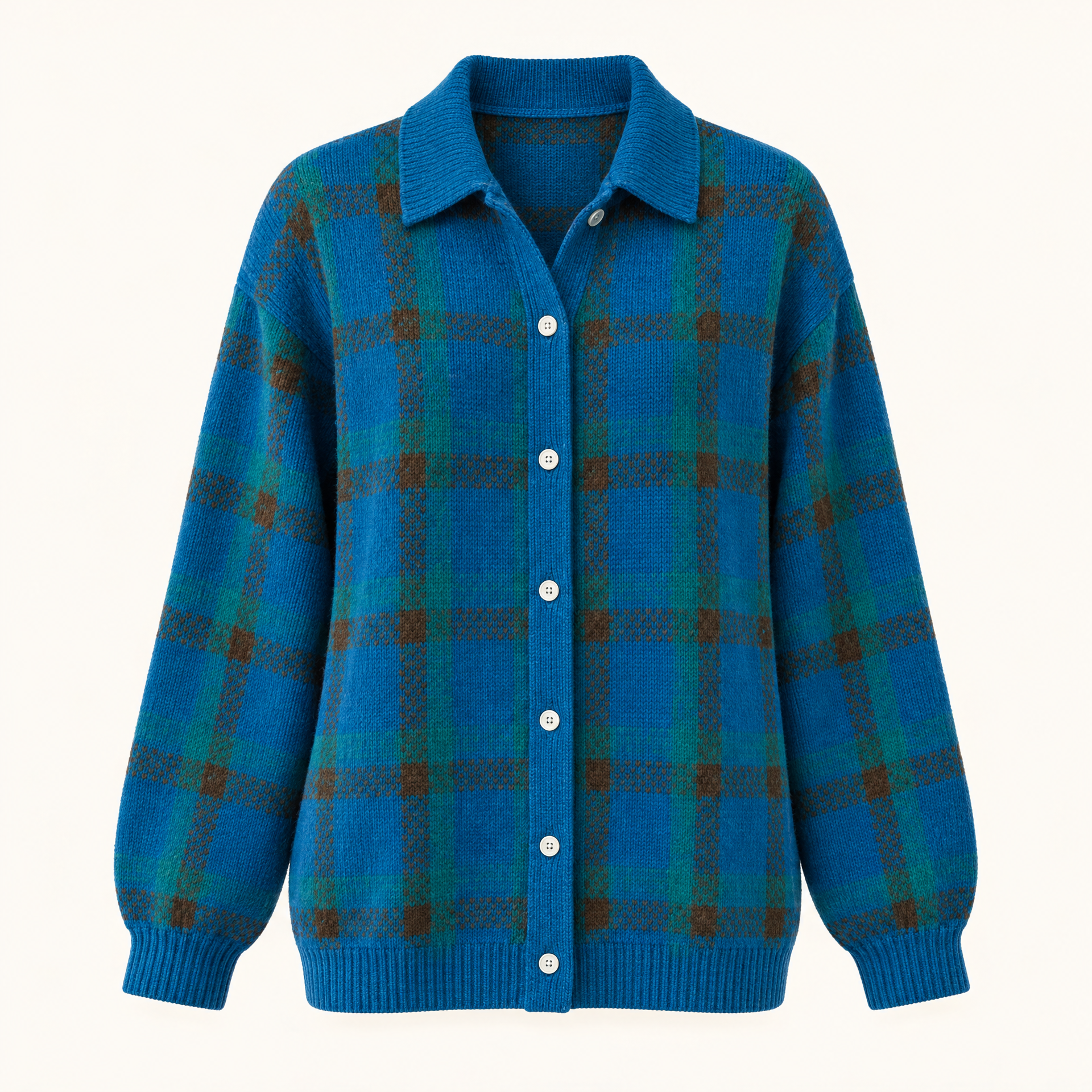 Plaid Polyester Knit Shirt Collar Cardigan