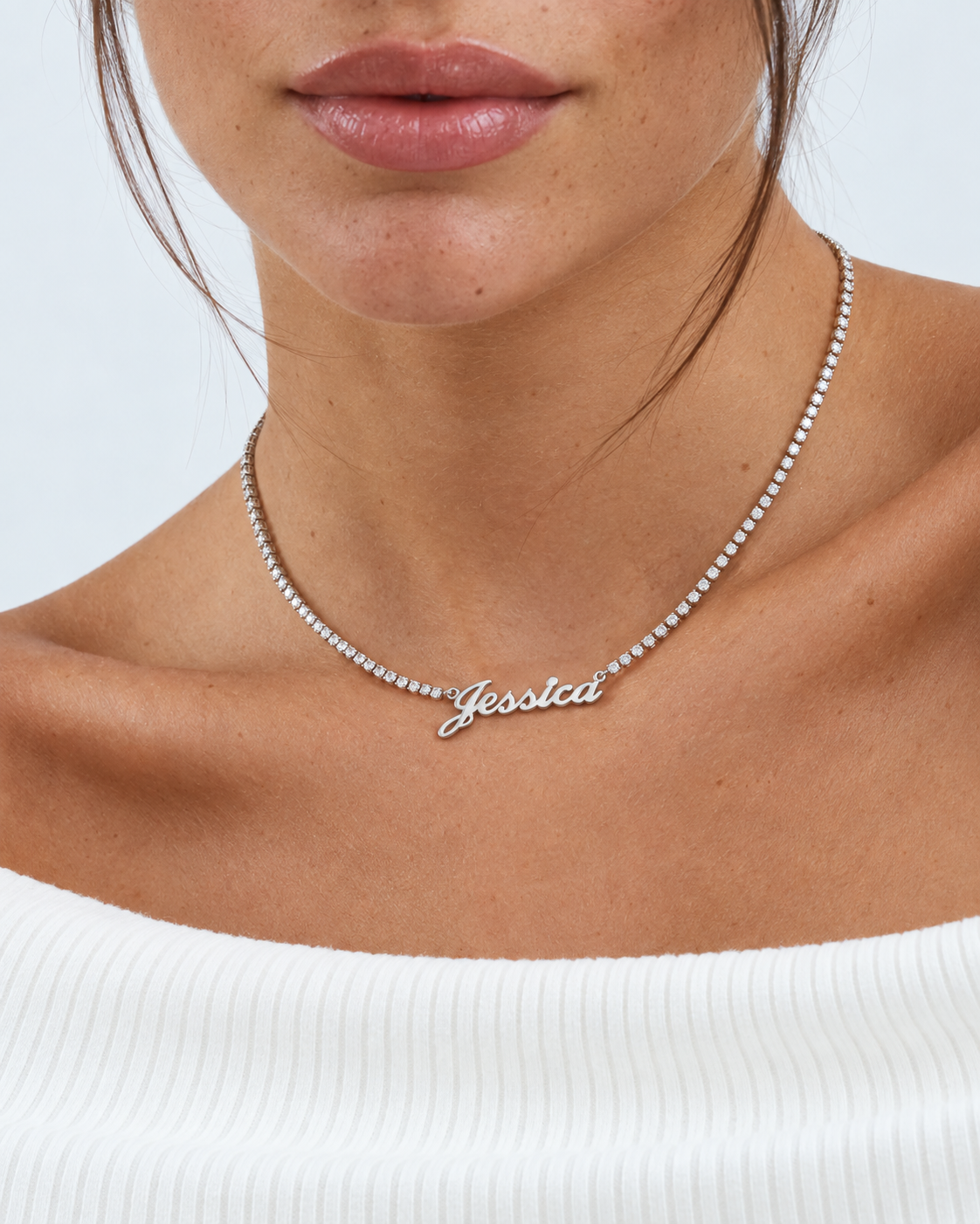 Silver Personalised Name Tennis Necklace worn on model