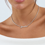 Silver Personalised Name Tennis Necklace worn on model
