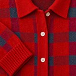 Plaid Polyester Knit Shirt Collar Cardigan