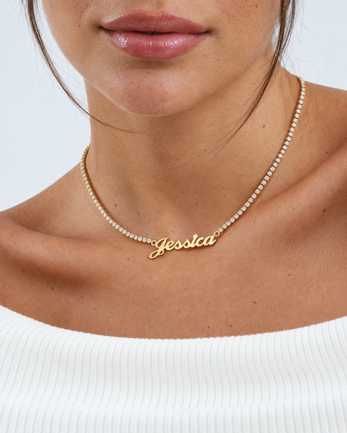 Gold Personalised Name Tennis Necklace worn on model