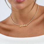 Gold Personalised Name Tennis Necklace worn on model