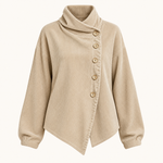 Corduroy Funnel Collar Top with Asymmetric Button Fastening