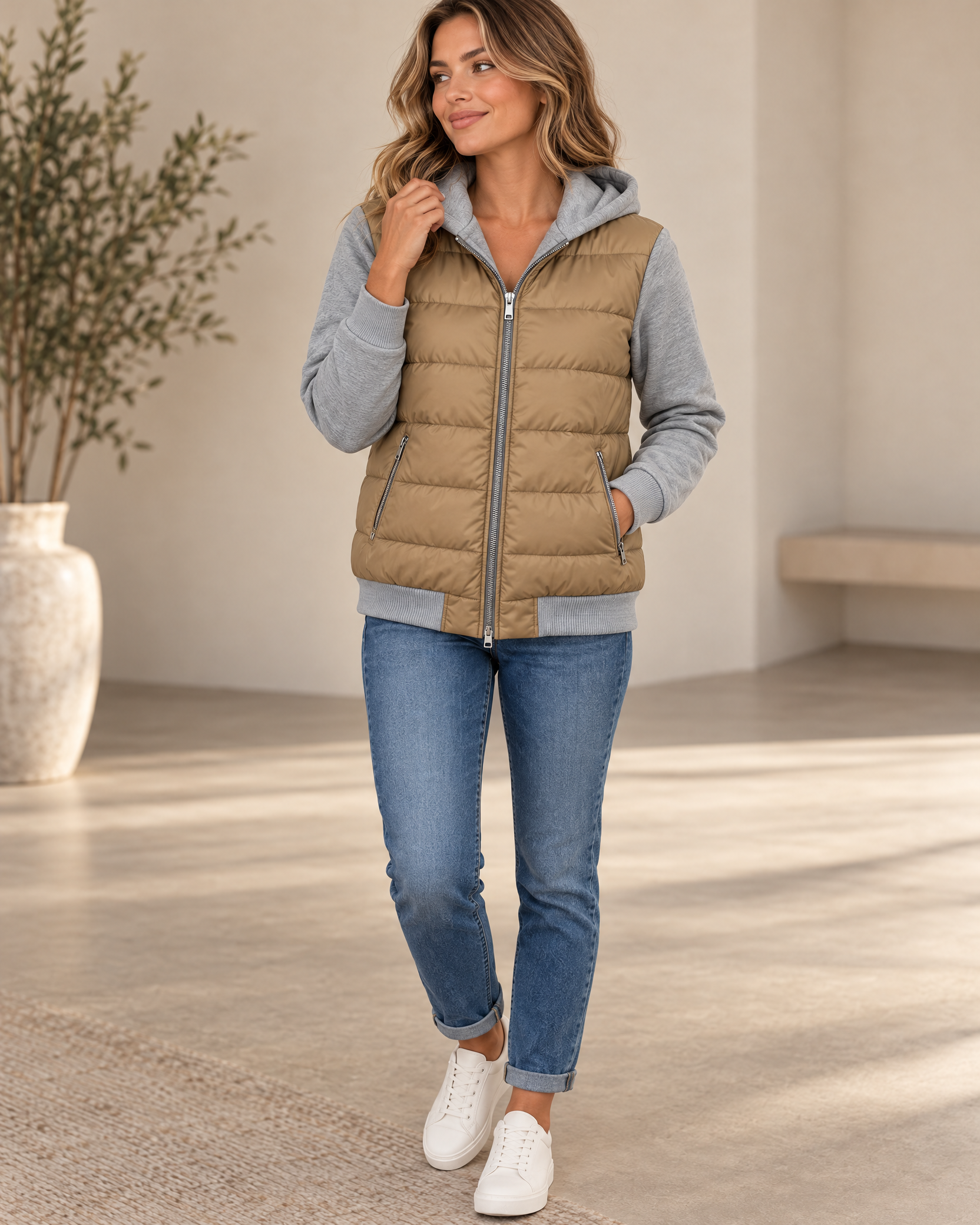 Straight Cut Quilted Puffer Jacket with Ribbed Knit Sleeves and Hood
