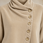 Corduroy Funnel Collar Top with Asymmetric Button Fastening