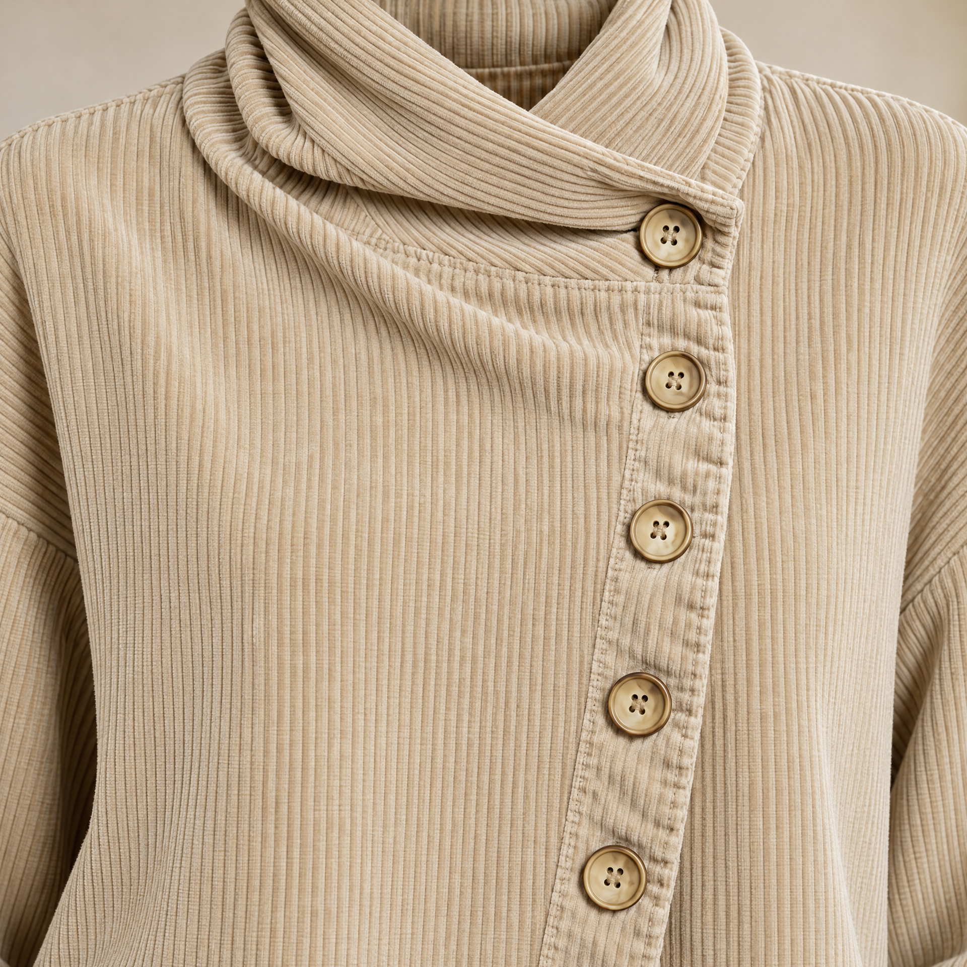 Corduroy Funnel Collar Top with Asymmetric Button Fastening