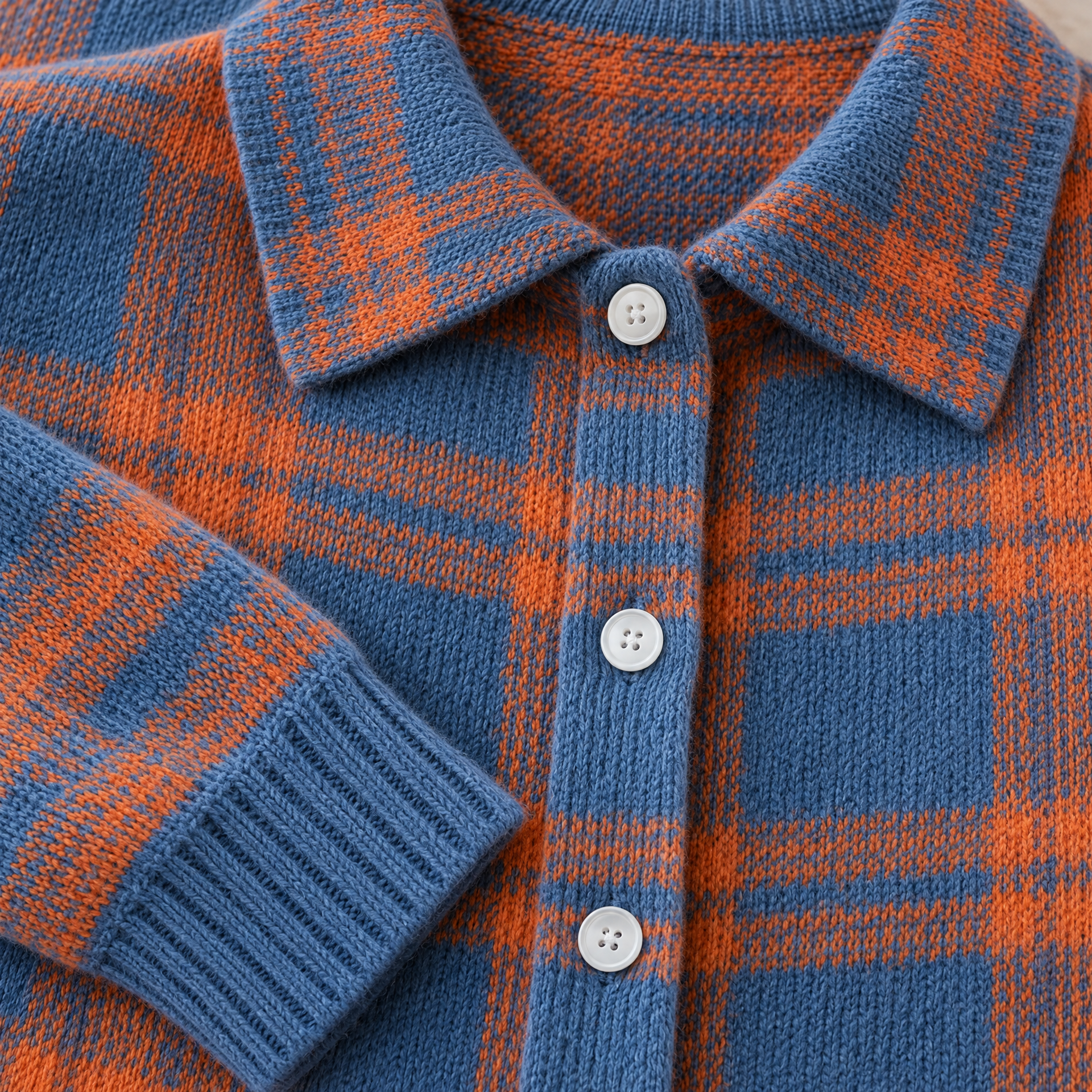 Plaid Polyester Knit Shirt Collar Cardigan