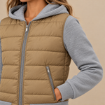 Straight Cut Quilted Puffer Jacket with Ribbed Knit Sleeves and Hood