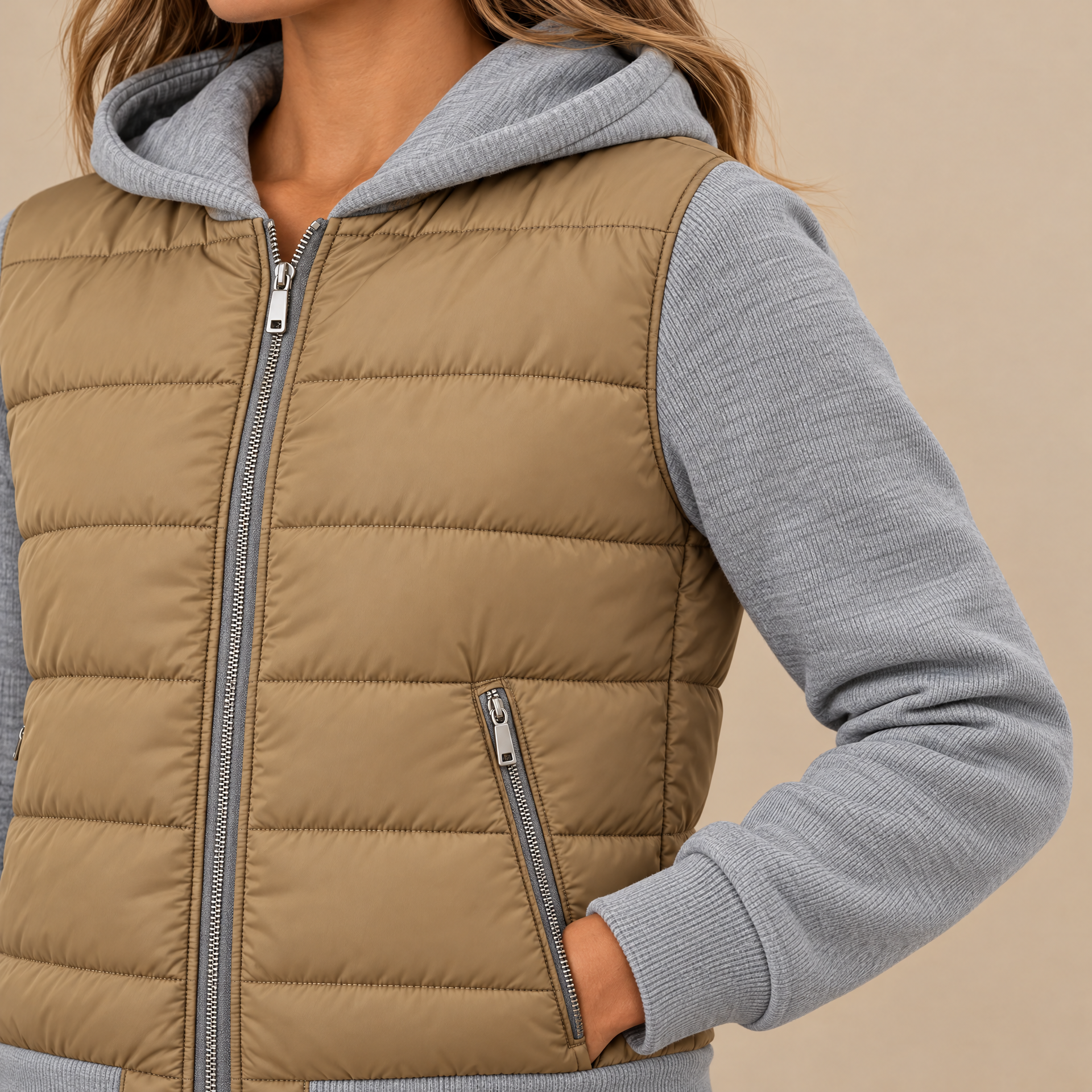 Straight Cut Quilted Puffer Jacket with Ribbed Knit Sleeves and Hood