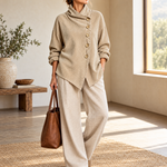 Corduroy Funnel Collar Top with Asymmetric Button Fastening
