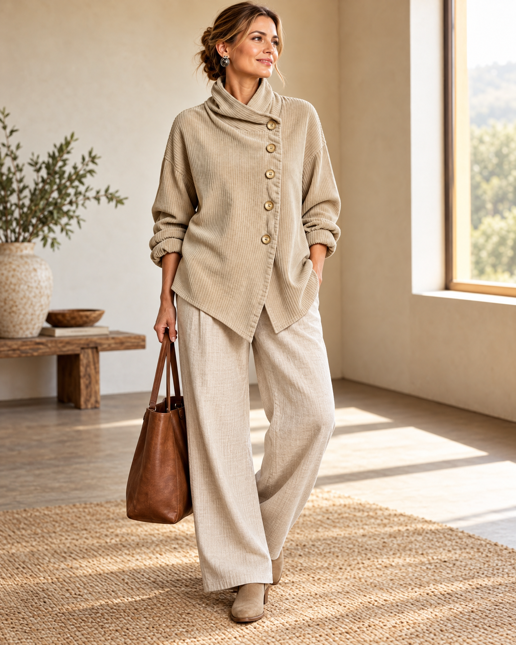 Corduroy Funnel Collar Top with Asymmetric Button Fastening