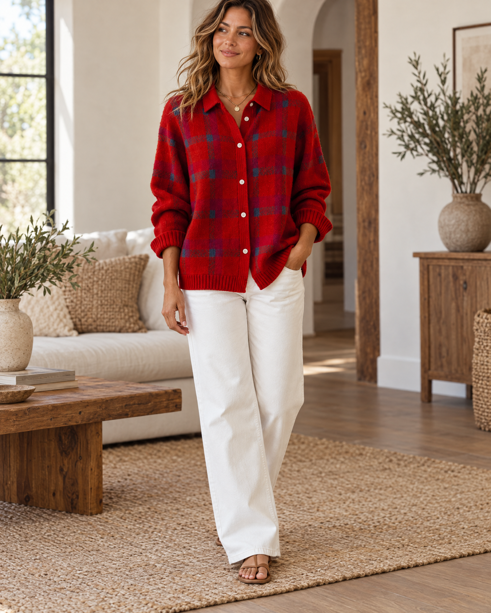 Plaid Polyester Knit Shirt Collar Cardigan