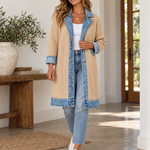 Ribbed Knit Longline Coat with Denim Panels