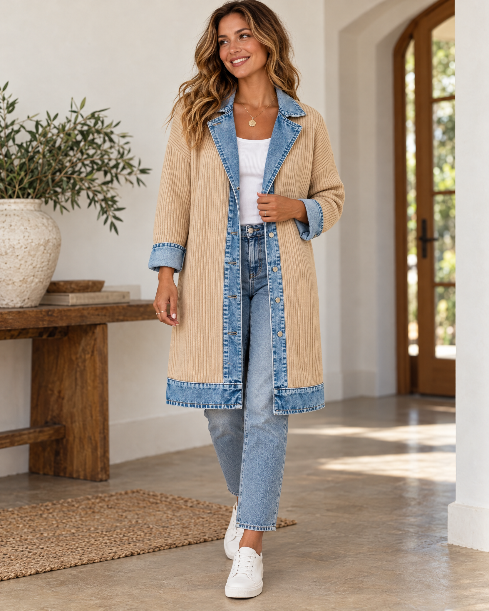 Ribbed Knit Longline Coat with Denim Panels