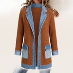 Ribbed Knit Longline Coat with Denim Panels