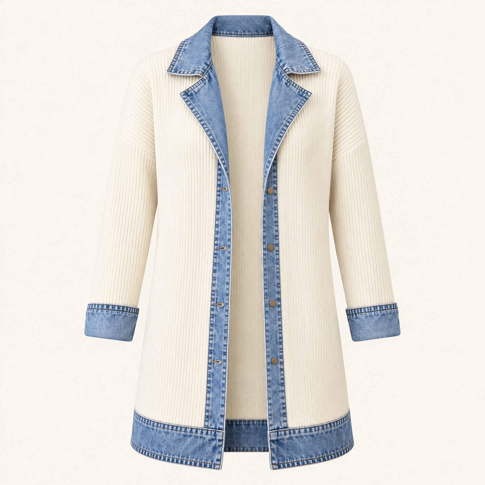 Ribbed Knit Longline Coat with Denim Panels