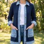 Ribbed Knit Longline Coat with Denim Panels