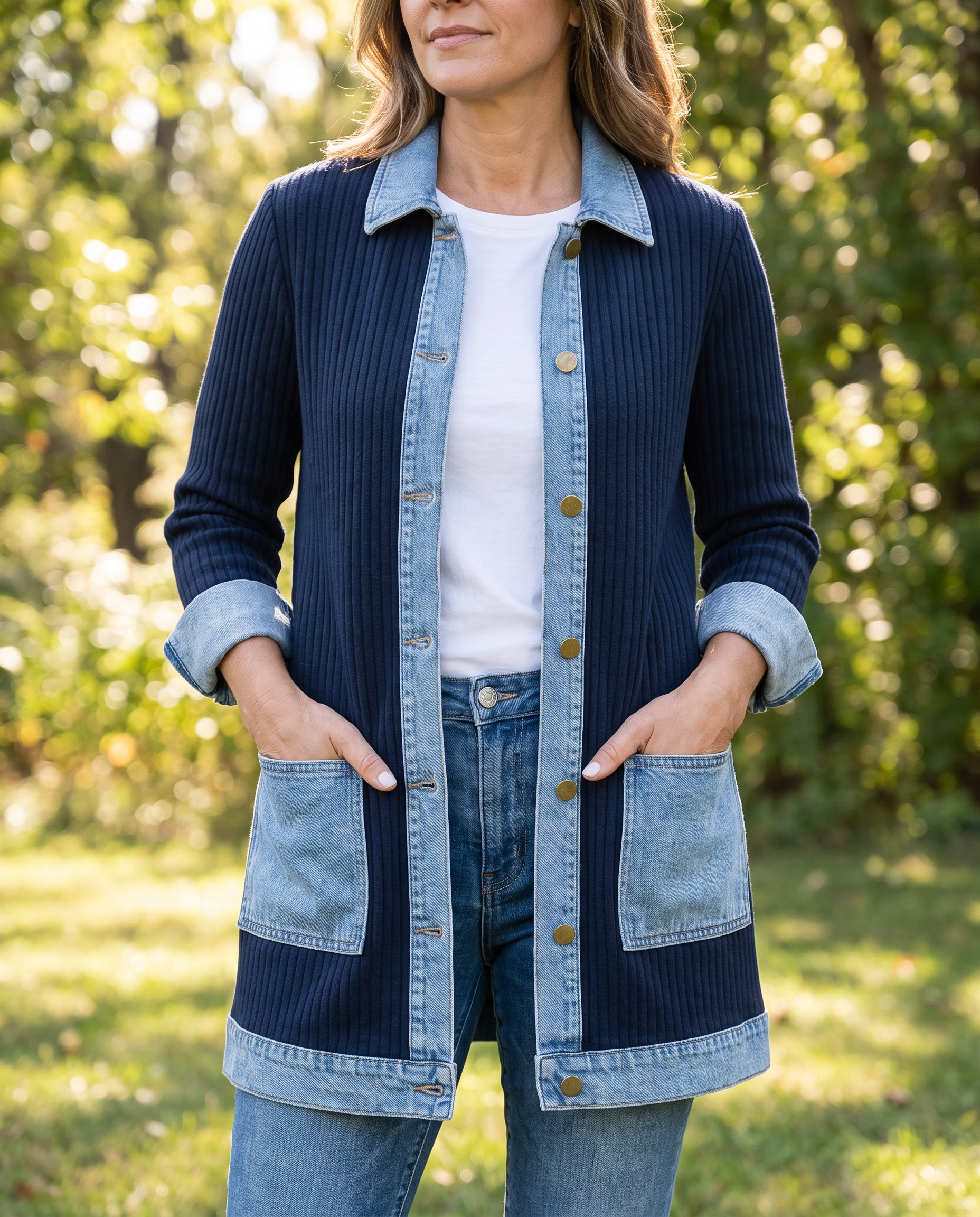 Ribbed Knit Longline Coat with Denim Panels