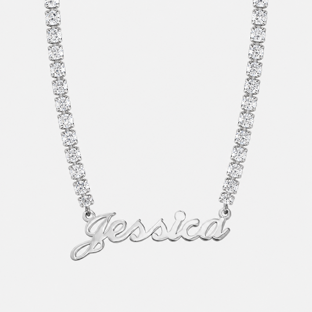 Personalised Name Tennis Necklace in Silver with custom script nameplate