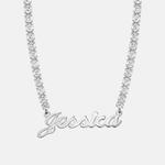 Personalised Name Tennis Necklace in Silver with custom script nameplate