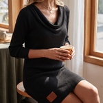 Relaxed Fit Cowl Neck Ribbed Knit Polyester Sweater Dress