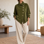 Corduroy Funnel Collar Top with Asymmetric Button Fastening