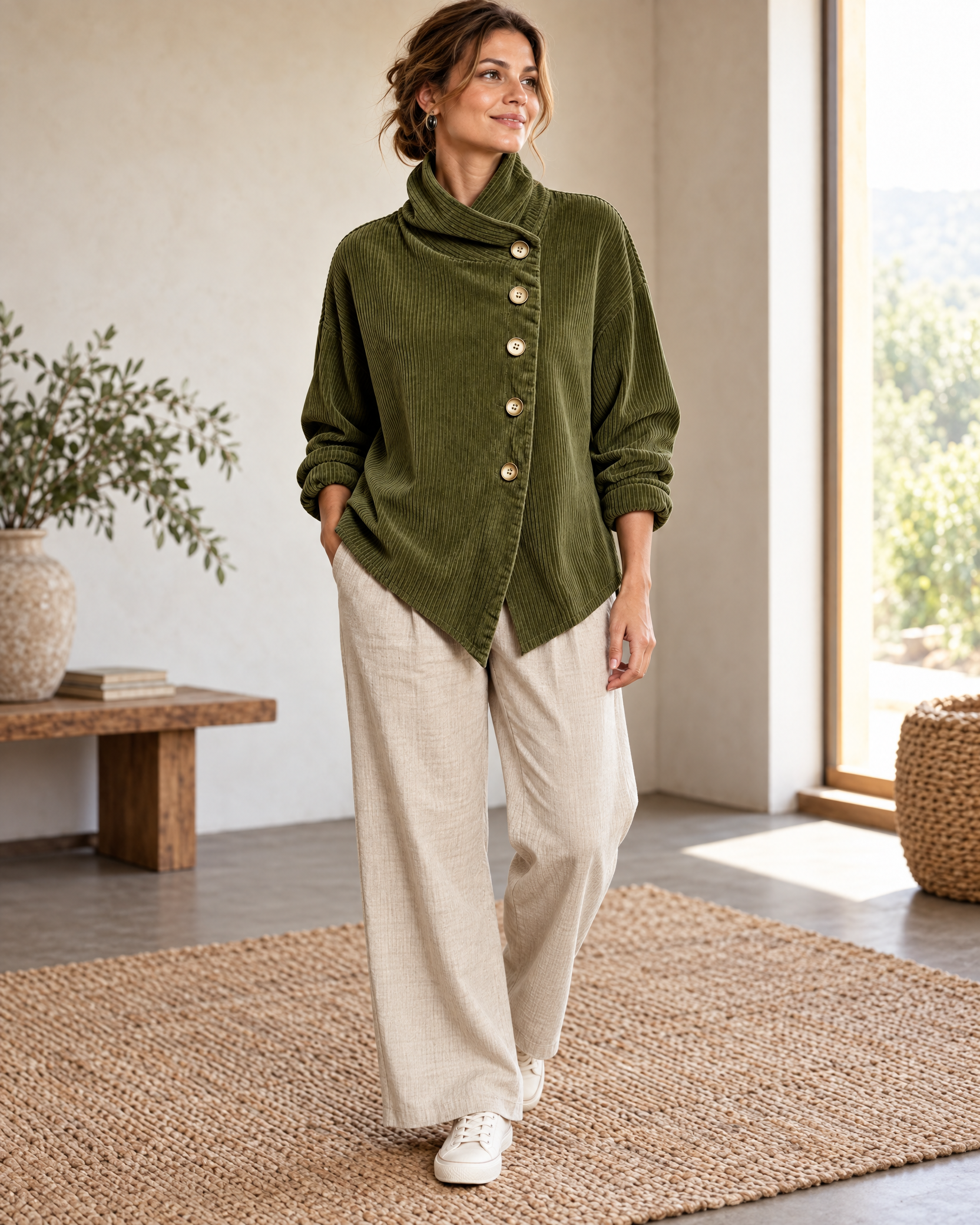 Corduroy Funnel Collar Top with Asymmetric Button Fastening