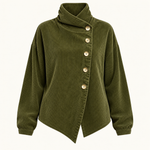 Corduroy Funnel Collar Top with Asymmetric Button Fastening