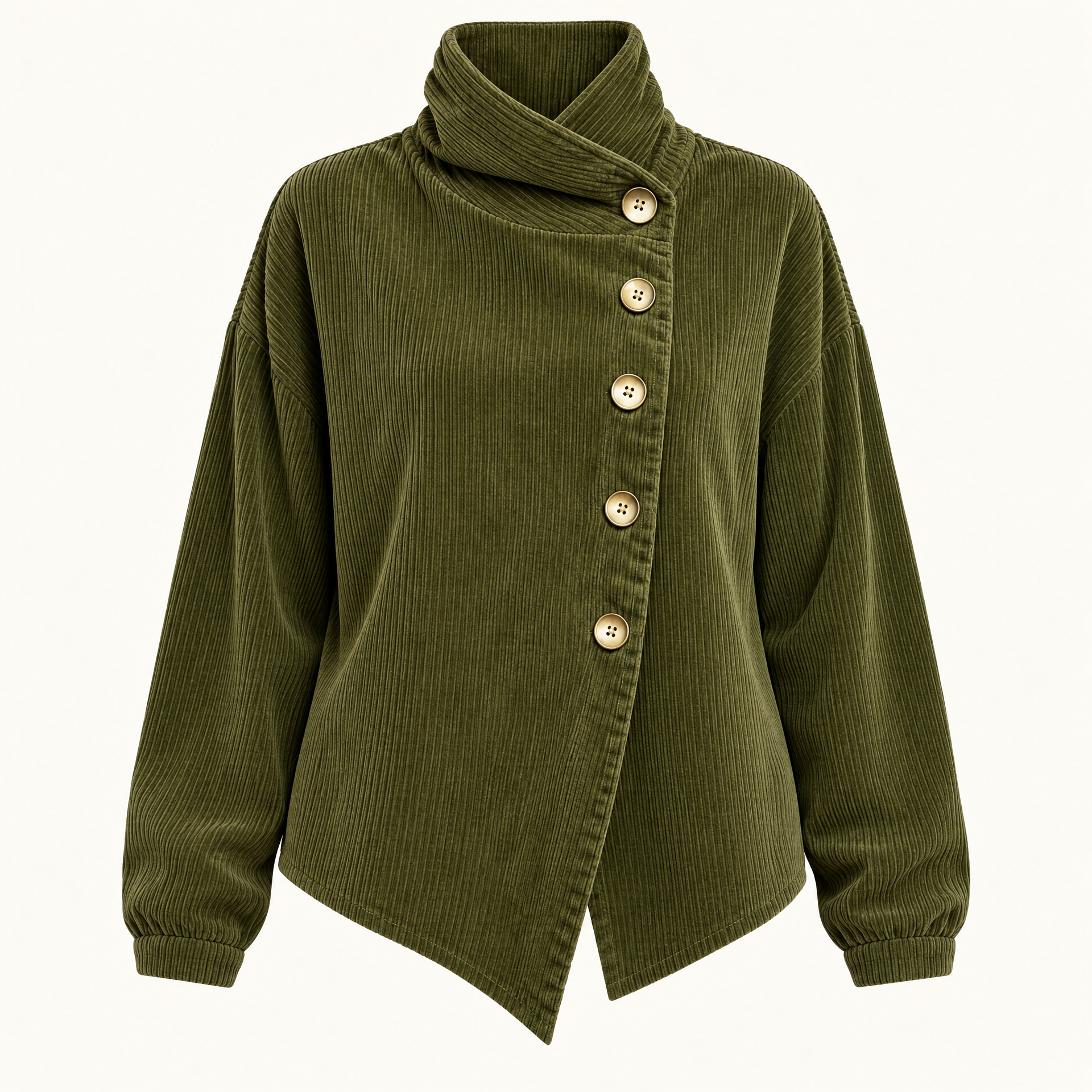 Corduroy Funnel Collar Top with Asymmetric Button Fastening