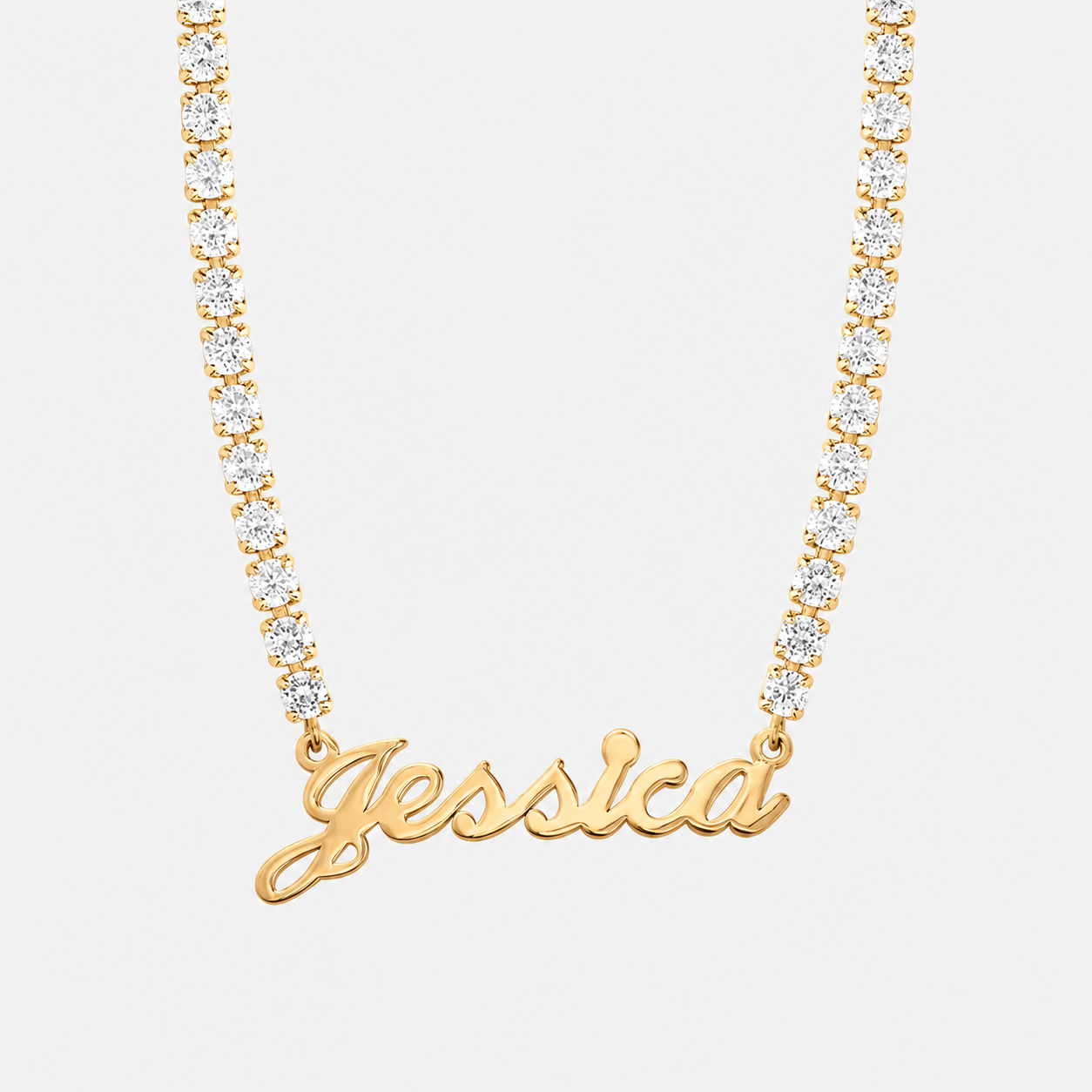 Personalised Name Tennis Necklace in Gold with custom script nameplate