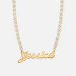 Personalised Name Tennis Necklace in Gold with custom script nameplate
