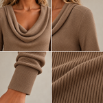 Relaxed Fit Cowl Neck Ribbed Knit Polyester Sweater Dress